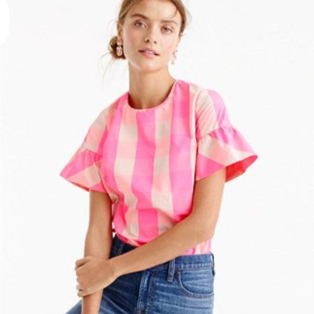 J. Crew Pink and Tan Checkered Blouse